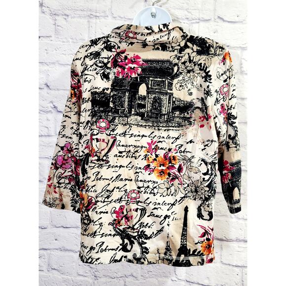 Onque Casuals Tan Multicolor Floral Paris Print Full Zip Cardigan Large - Picture 4 of 5